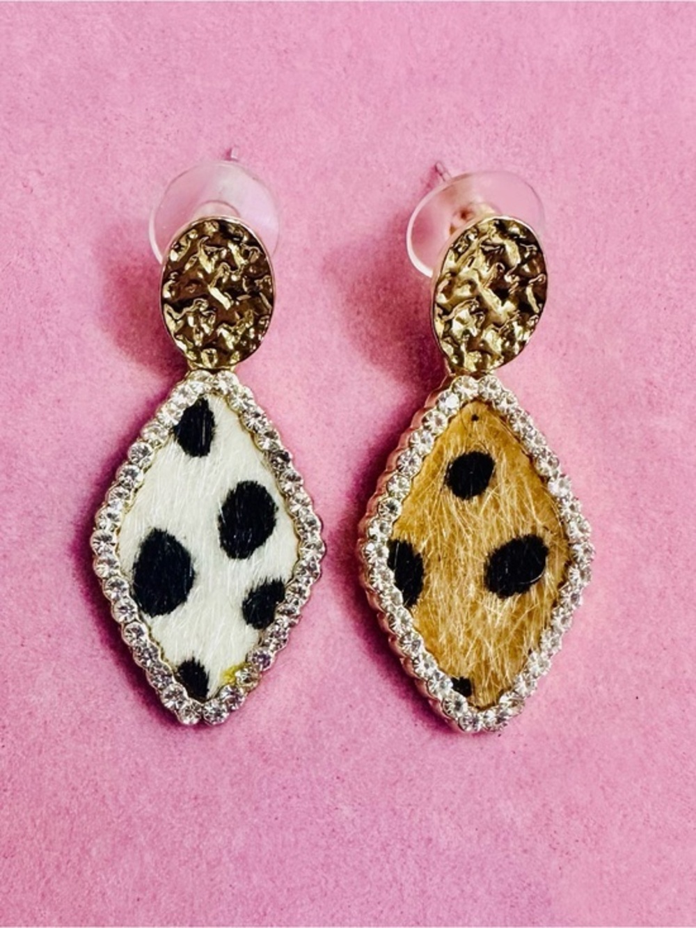 Glam Dalmatian & Leopard Print Rhinestone Drop Earrings NWT
